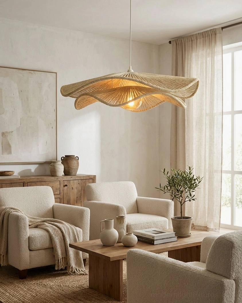 Woven hemp rope pendant light suspended in cozy living room setting, soft ambient illumination, artisanal boho-minimalist interior