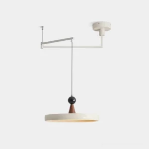 Lodi swing arm pendant light - adjustable disc ceiling lamp in white and walnut finish, front studio view