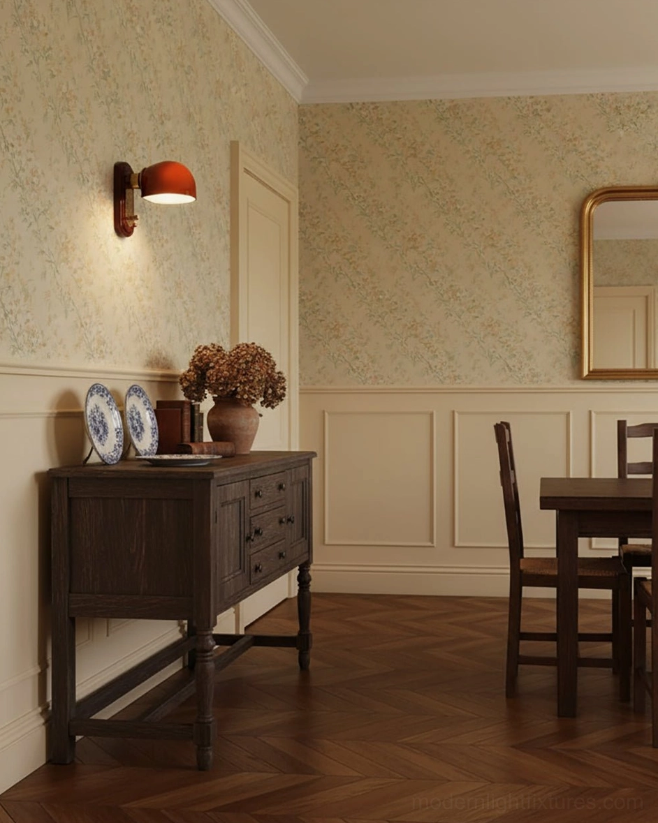 Lolita dome sconce in classic dining room with minimalist dual-tone finish and subtle warm wall glow