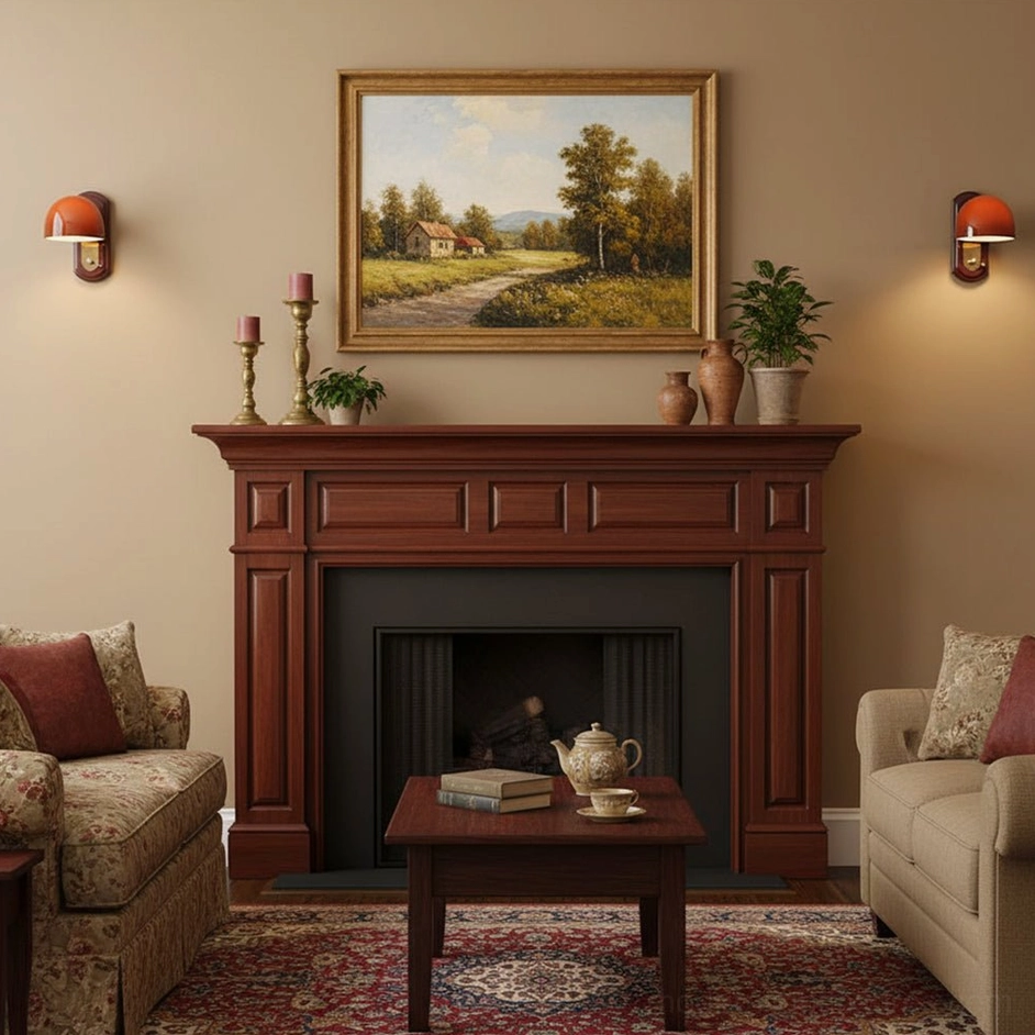 Pair of Lolita wall sconces mounted symmetrically in formal living room with fireplace and vintage decor