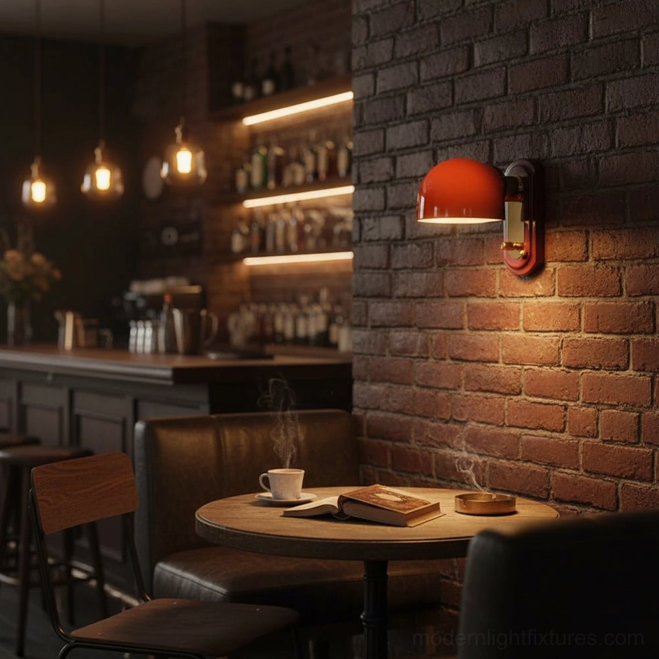 Lolita wall sconce in commercial hospitality space with brick wall, warm accent lighting for pub or restaurant