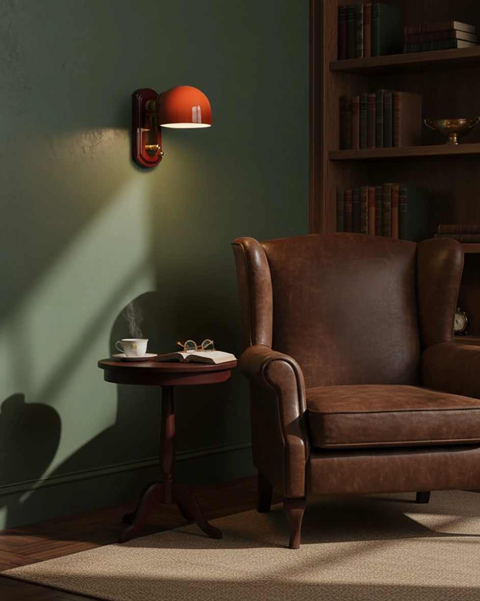 Lolita dome wall sconce in warm interior setting with vintage leather armchair and warm ambient lighting ambiance