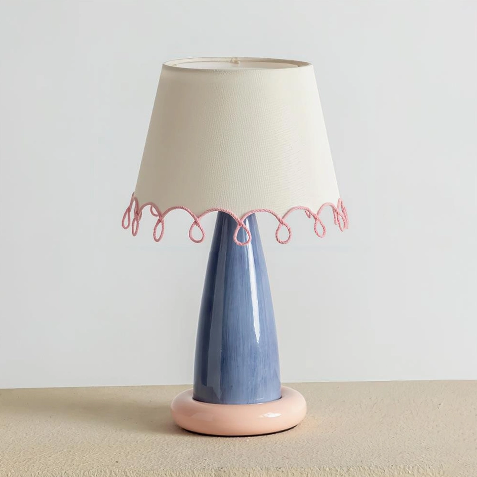 Lollio modern ceramic table lamp in pink and blue color option, complete product view for all regional plug variants