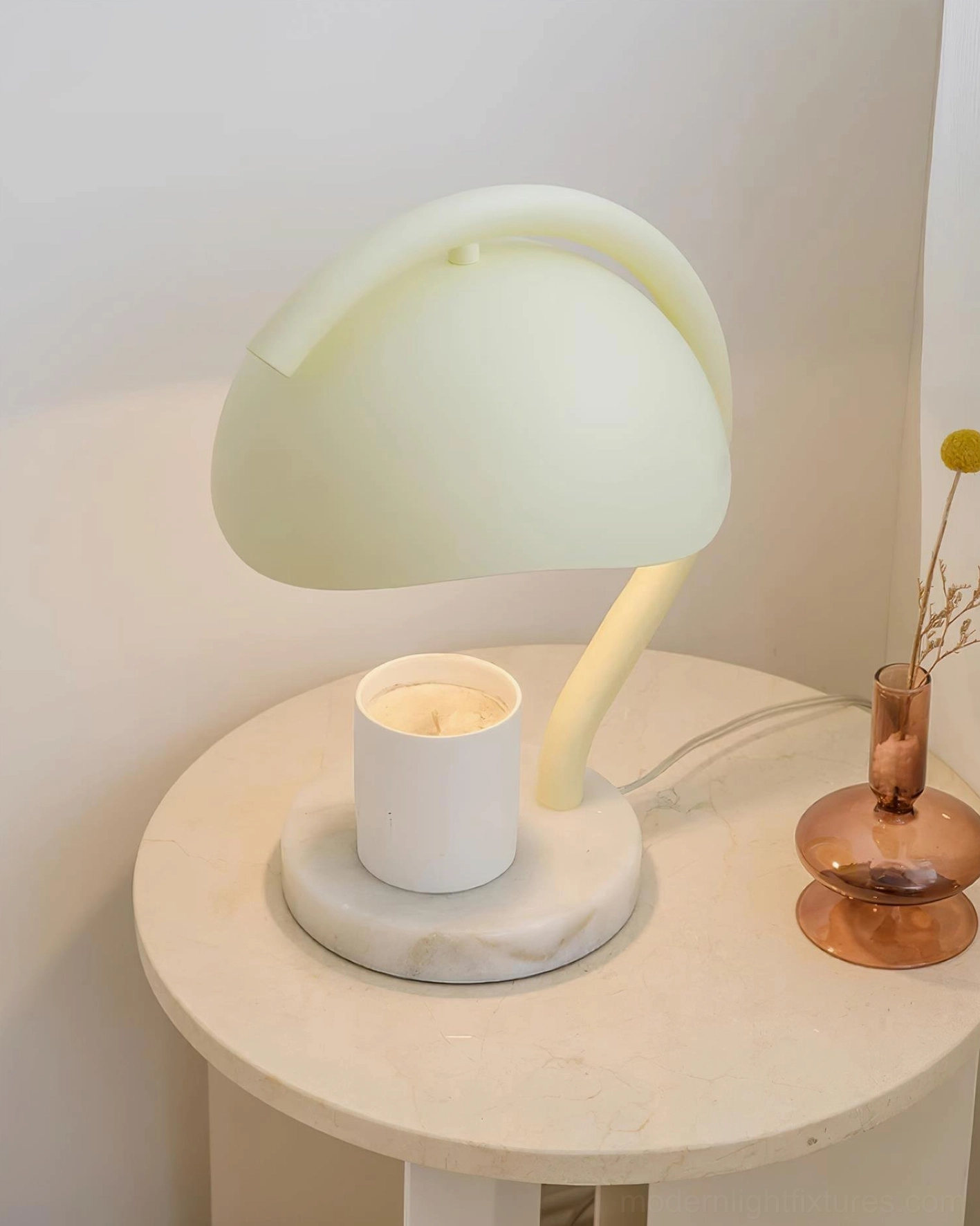 Elegant candle warmer lamp with 50000 hour LED lifespan in contemporary bedroom interior design setting