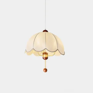 Lonzo fabric pendant light with scalloped dome shade, brass framework and walnut wood accents displayed on white background - modern vintage pendant lamp fixture