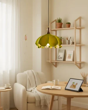 Looma pendant lamp hung above round wooden coffee table in contemporary living room