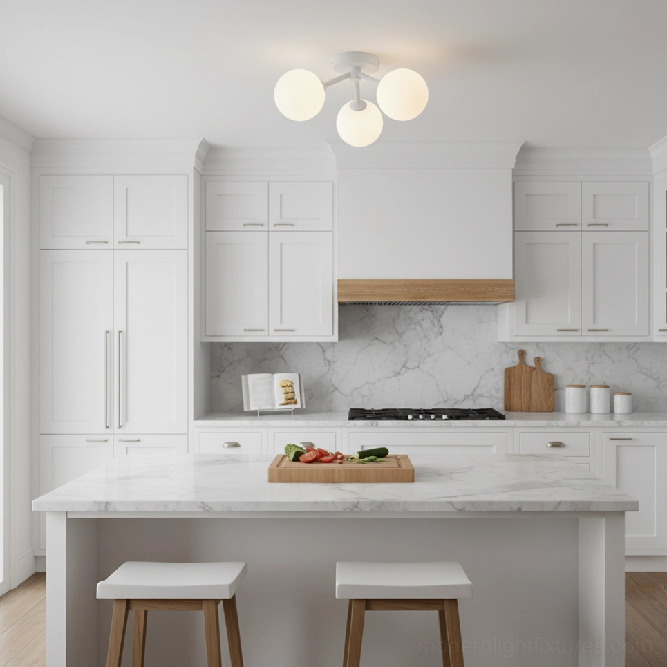 White frosted globe ceiling fixture in contemporary open kitchen minimalist style