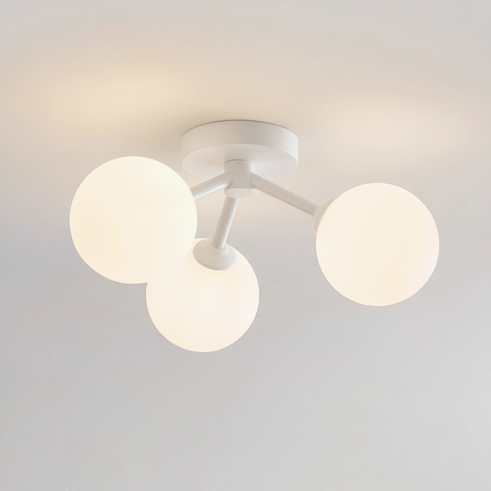 Lorelai three-globe ceiling light oblique view studio white background warm lighting
