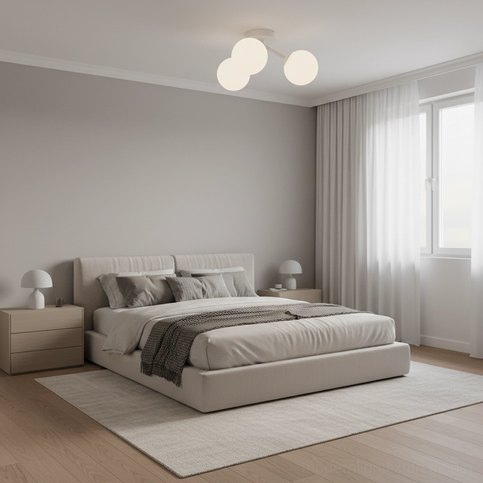 Lorelai ceiling light installed in modern master bedroom warm neutral Nordic interior
