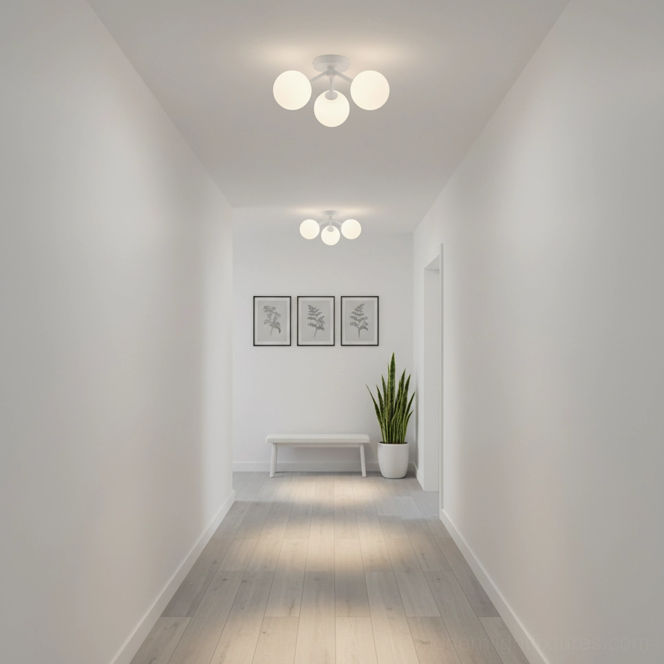Modern three-globe ceiling light in bright minimalist Nordic hallway corridor
