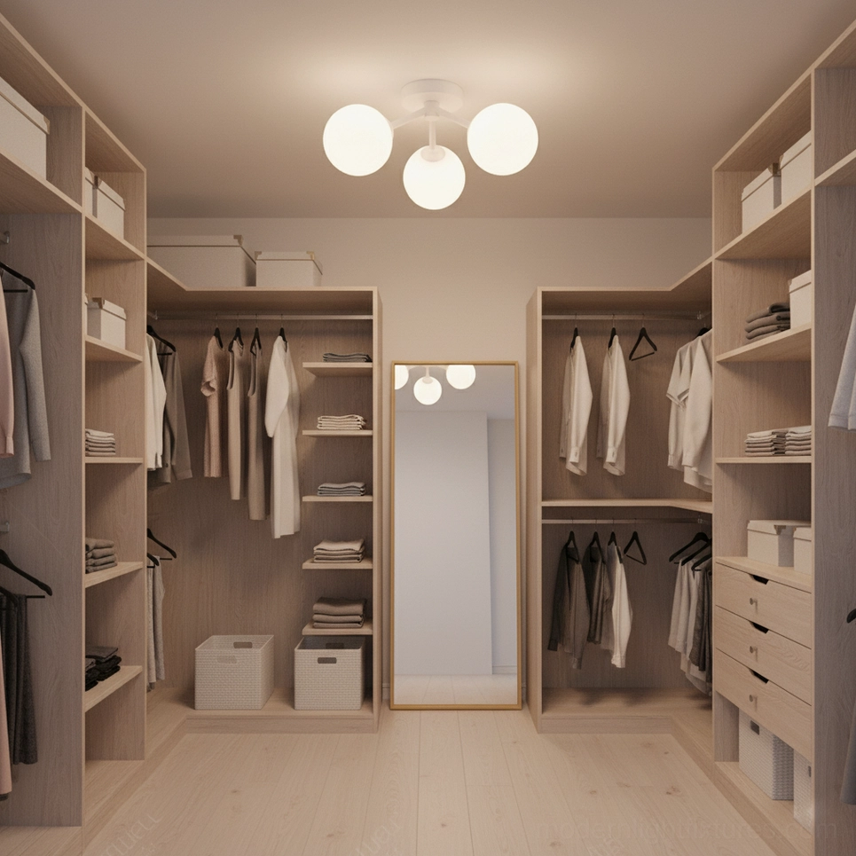 Lorelai flush ceiling light in modern walk-in closet warm neutral minimalist interior