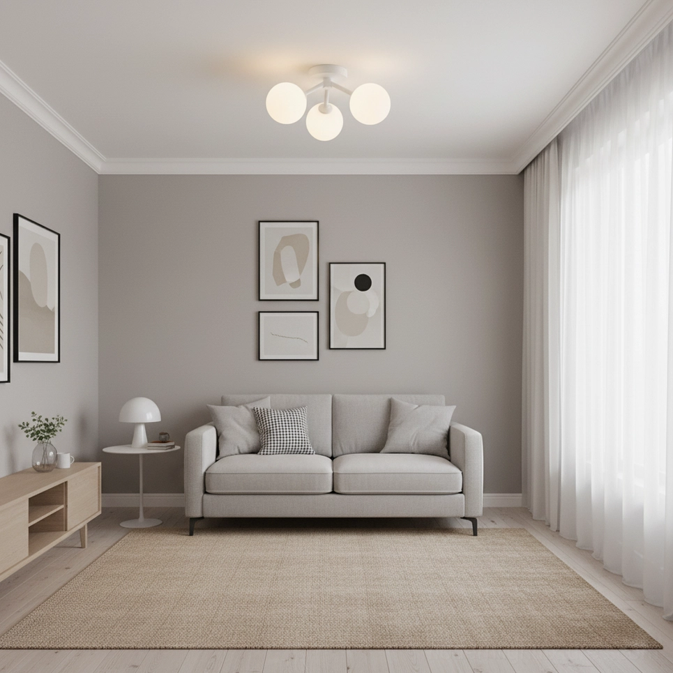 Three-globe ceiling light fixture in contemporary minimalist living room warm neutral decor