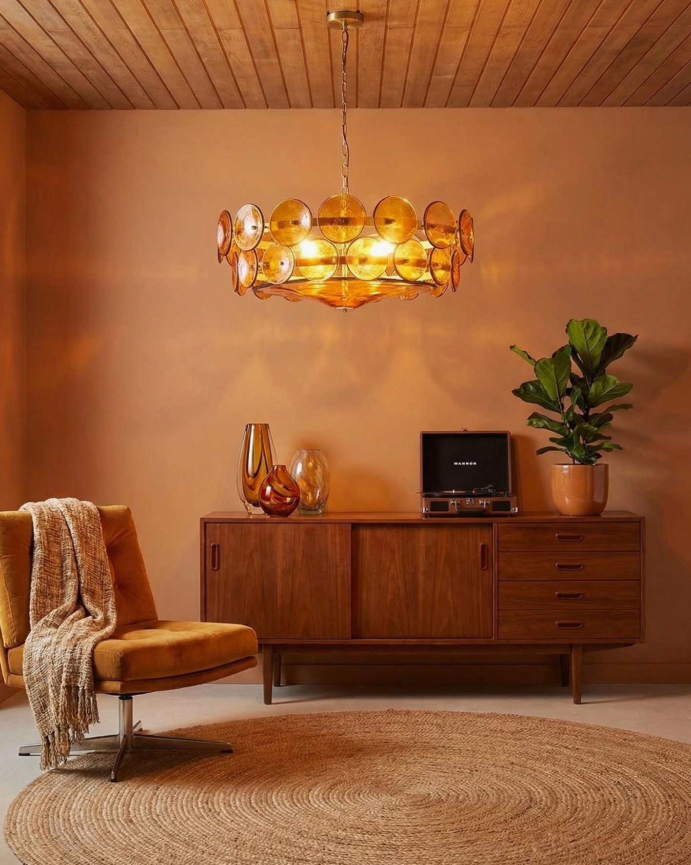 Lorenzo 95cm large amber glass chandelier dramatic overhead installation view