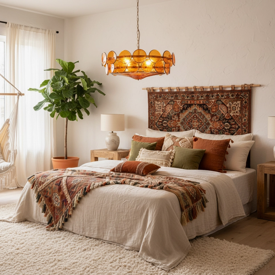 Lorenzo brass chandelier with amber glass discs creating warm ambient room lighting