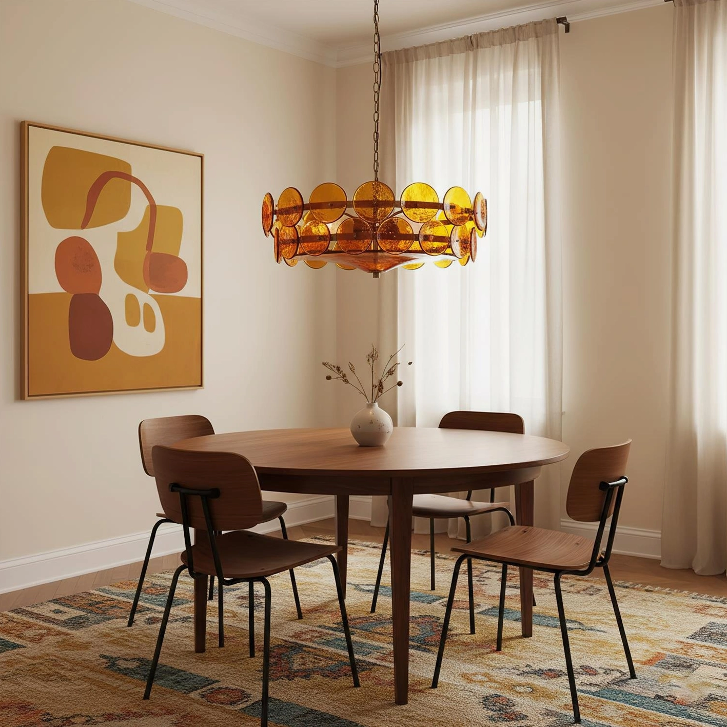 Lorenzo vintage-style glass chandelier above wooden dining table boho eclectic setting