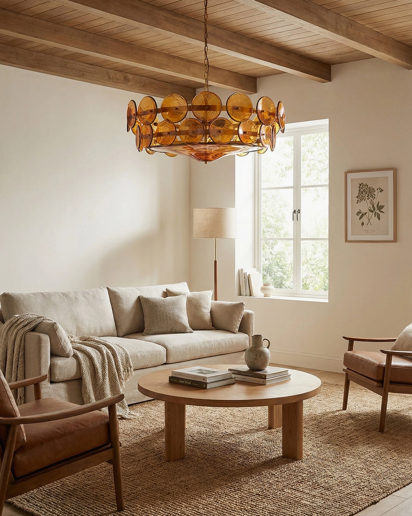 Lorenzo amber glass chandelier in modern earth-tone living room high-angle view