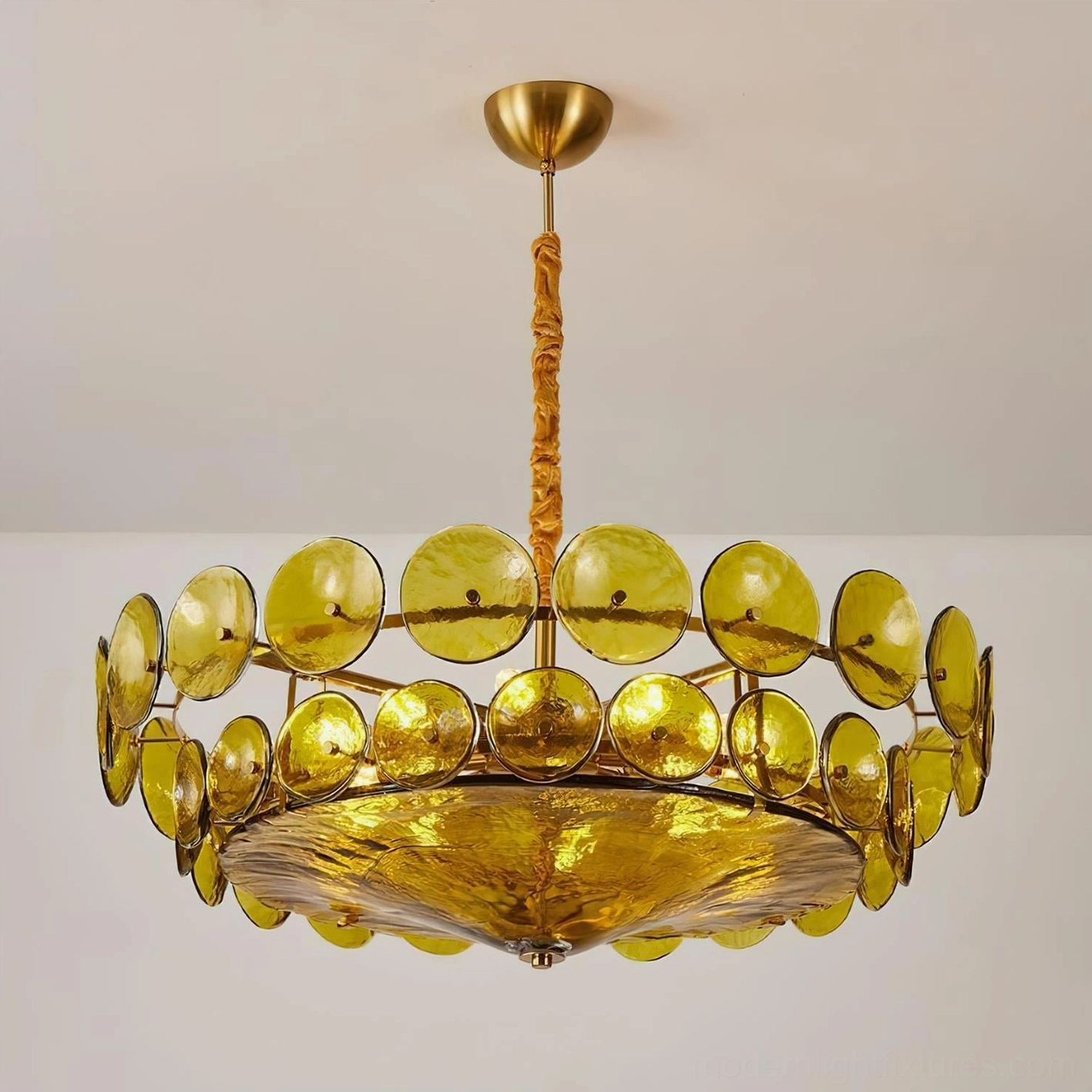Lorenzo hand-cast glass chandelier open-plan living area spatial organization