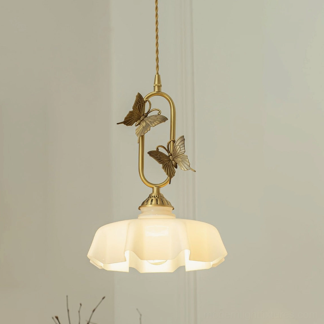 Large lotus bowl white jade butterfly pendant light, 25cm wide shade providing broad ambient light spread