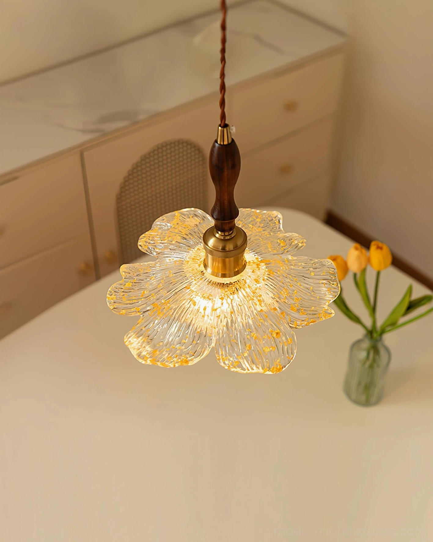 Lotus pendant lamp side angle view over vanity table with tulip flowers
