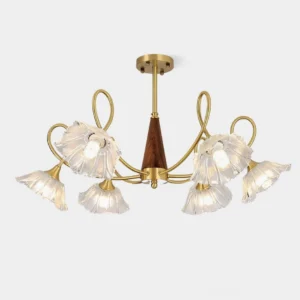 Lotus Leaf Chandelier 6-head model, brass and walnut finish, studio front view showing glass petal shades