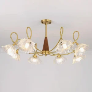 Lotus Leaf Chandelier 8-head model, brass and walnut contemporary fixture, front-facing studio view