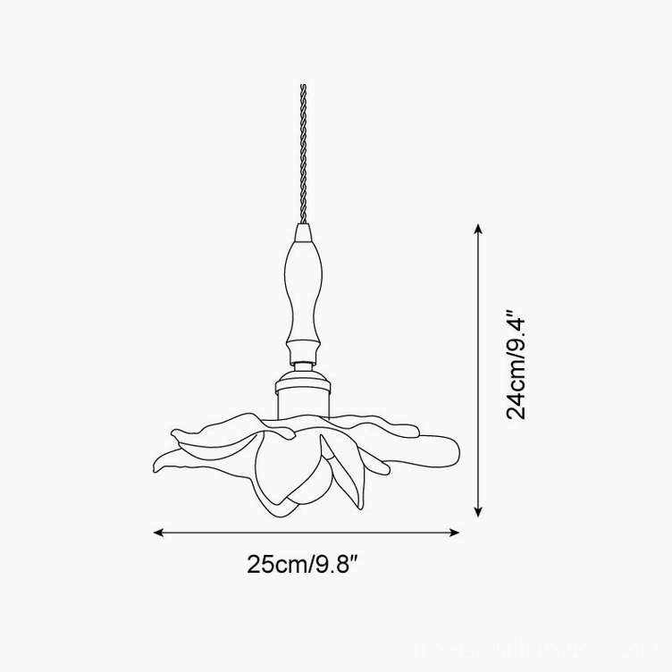Technical line drawing and dimension diagram of lotus pendant lamp 25cm diameter 24cm height