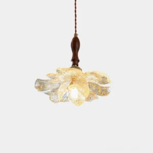 Lotus flower pendant lamp front view with rippled glass shade and gold leaf accents on white background