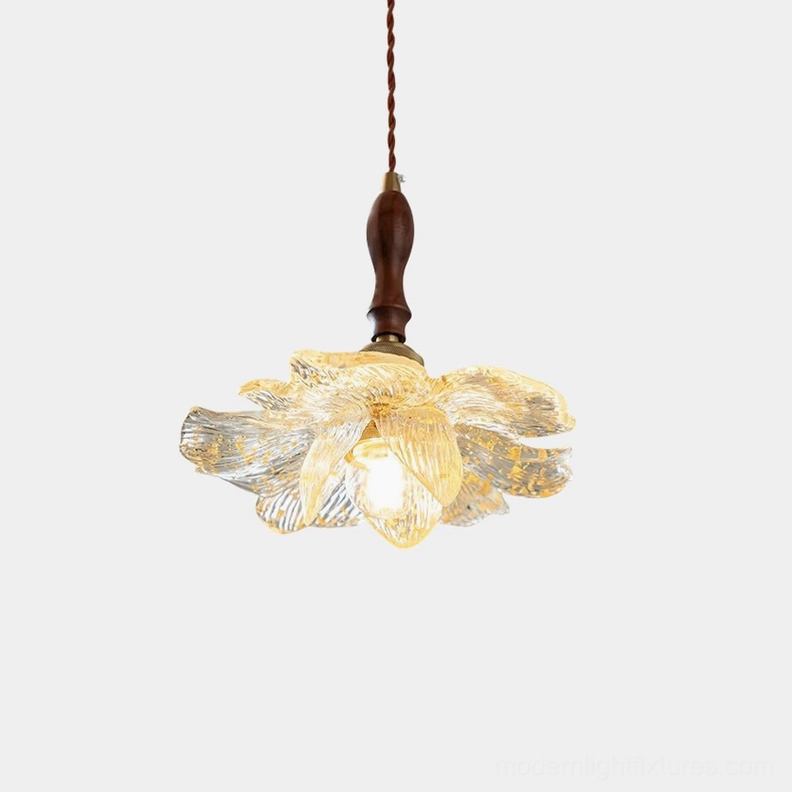 Lotus flower pendant lamp front view with rippled glass shade and gold leaf accents on white background