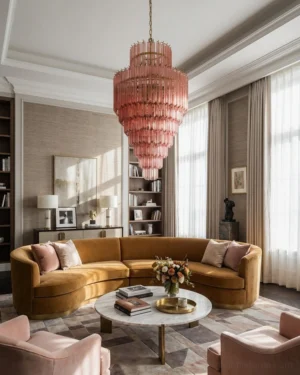 Lucerine pink glass chandelier installed in modern luxury living room with neutral warm decor and multi-tier glass design