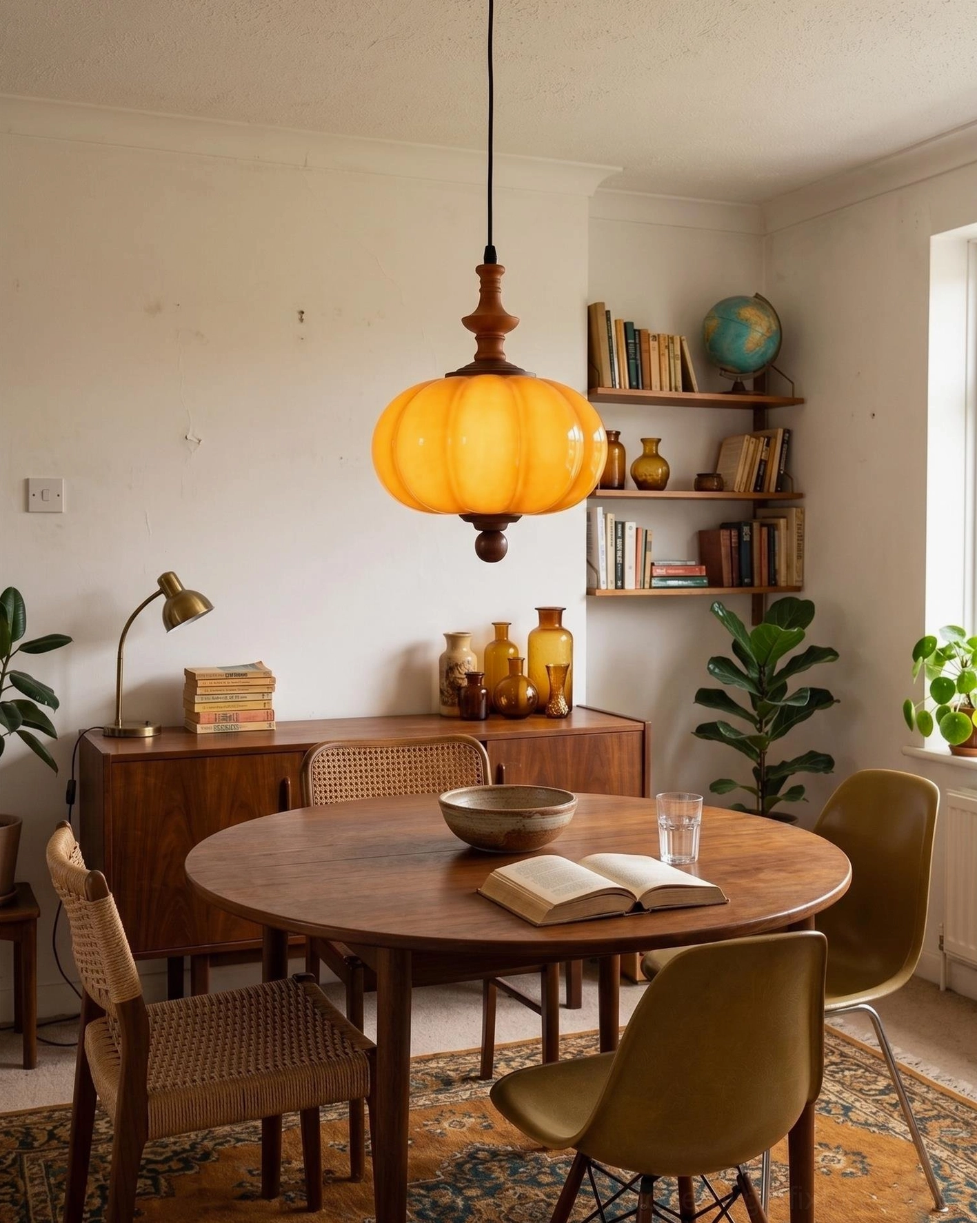 Warm glowing amber pendant light above round wooden dining table in casual home