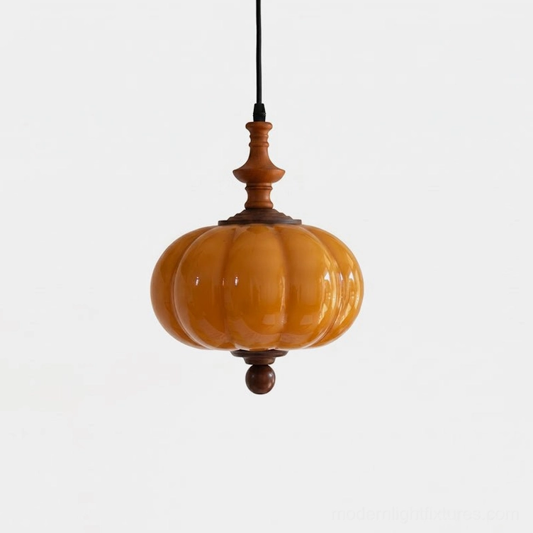 Lucerna amber ribbed glass pendant light with walnut wood hardware, front studio view