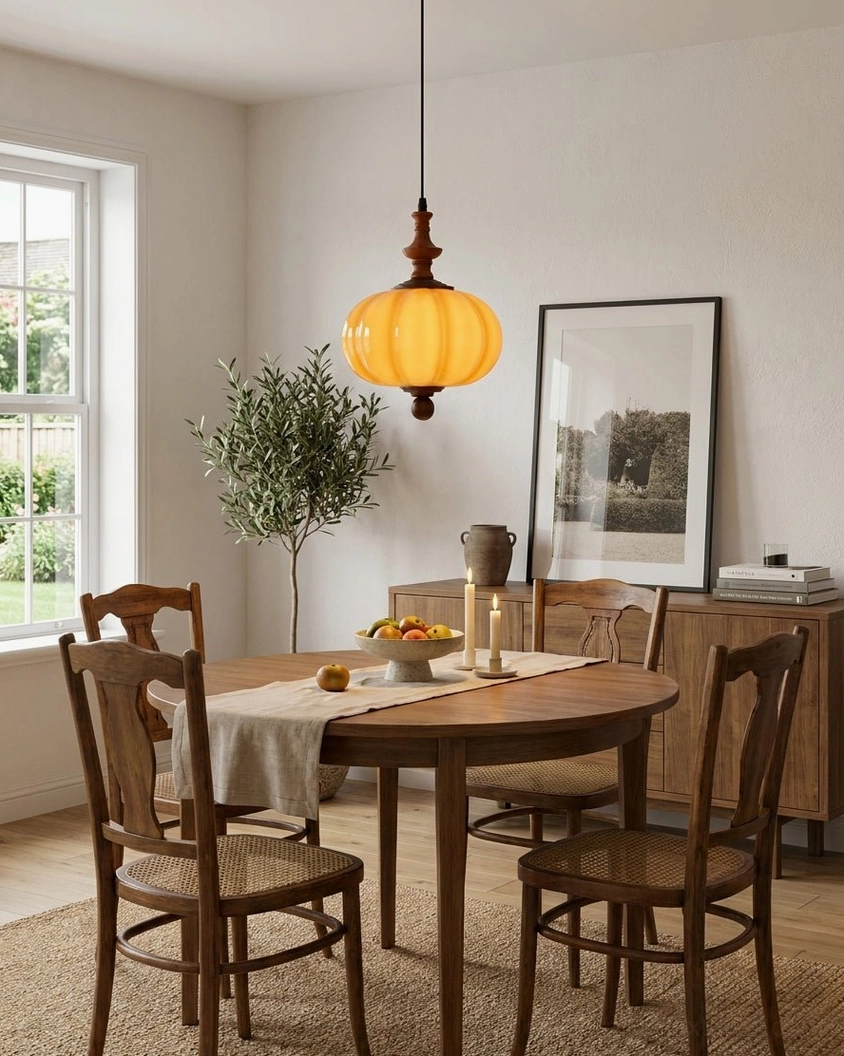 Caramel ribbed glass pendant fixture in minimalist warm vintage dining room