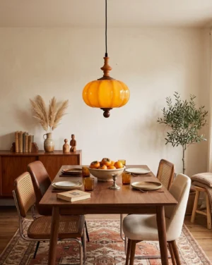 Lucerna caramel pendant light illuminated above mid-century modern dining table