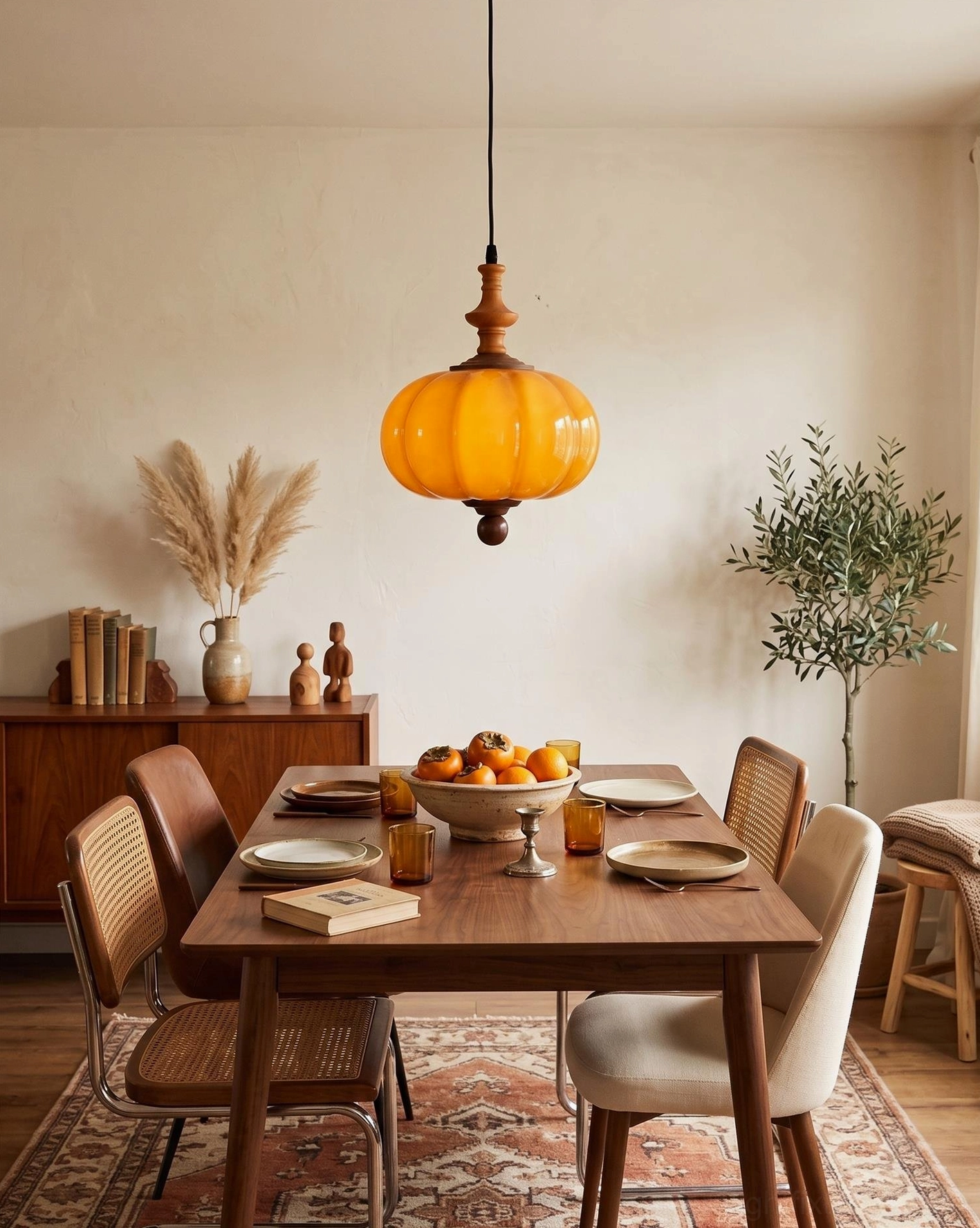Lucerna caramel pendant light illuminated above mid-century modern dining table