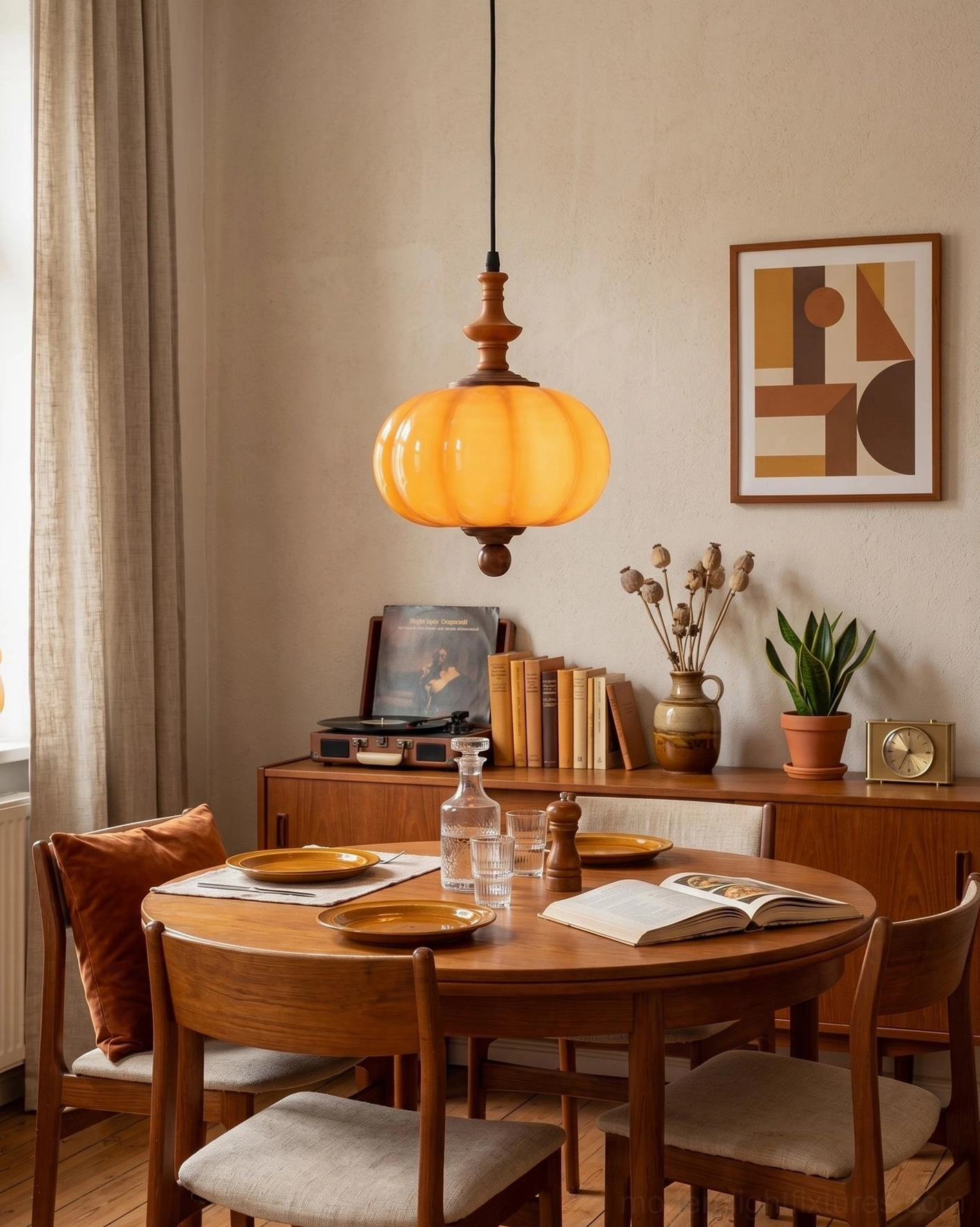 Lit caramel amber pendant hanging above retro dining room with wooden sideboard