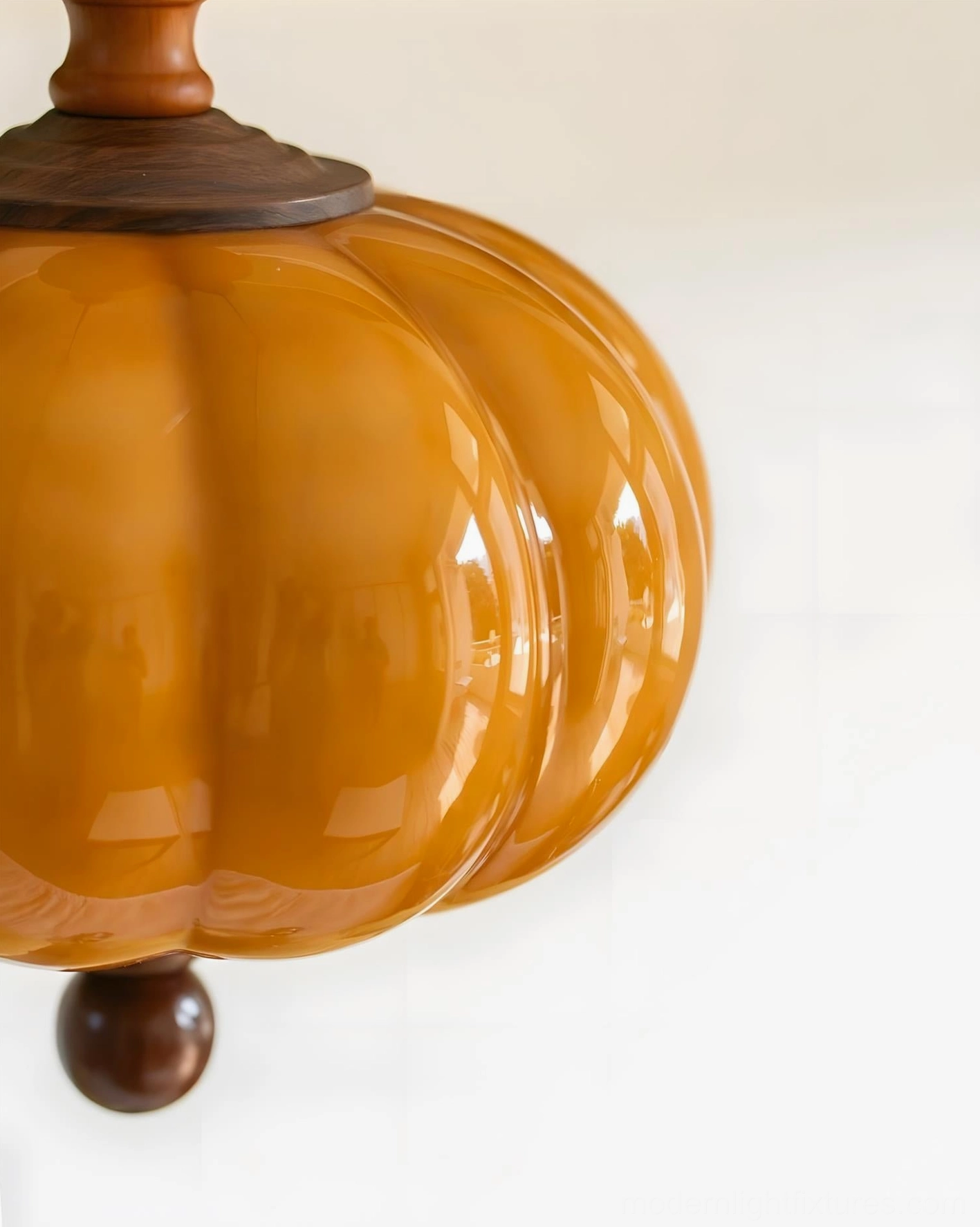 Close-up side view of Lucerna glass shade assembly showing ribbed texture and wood hardware