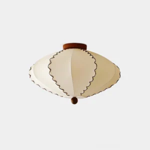 Lucian scalloped ceiling light with cream fabric shade and walnut wood finial, front studio view
