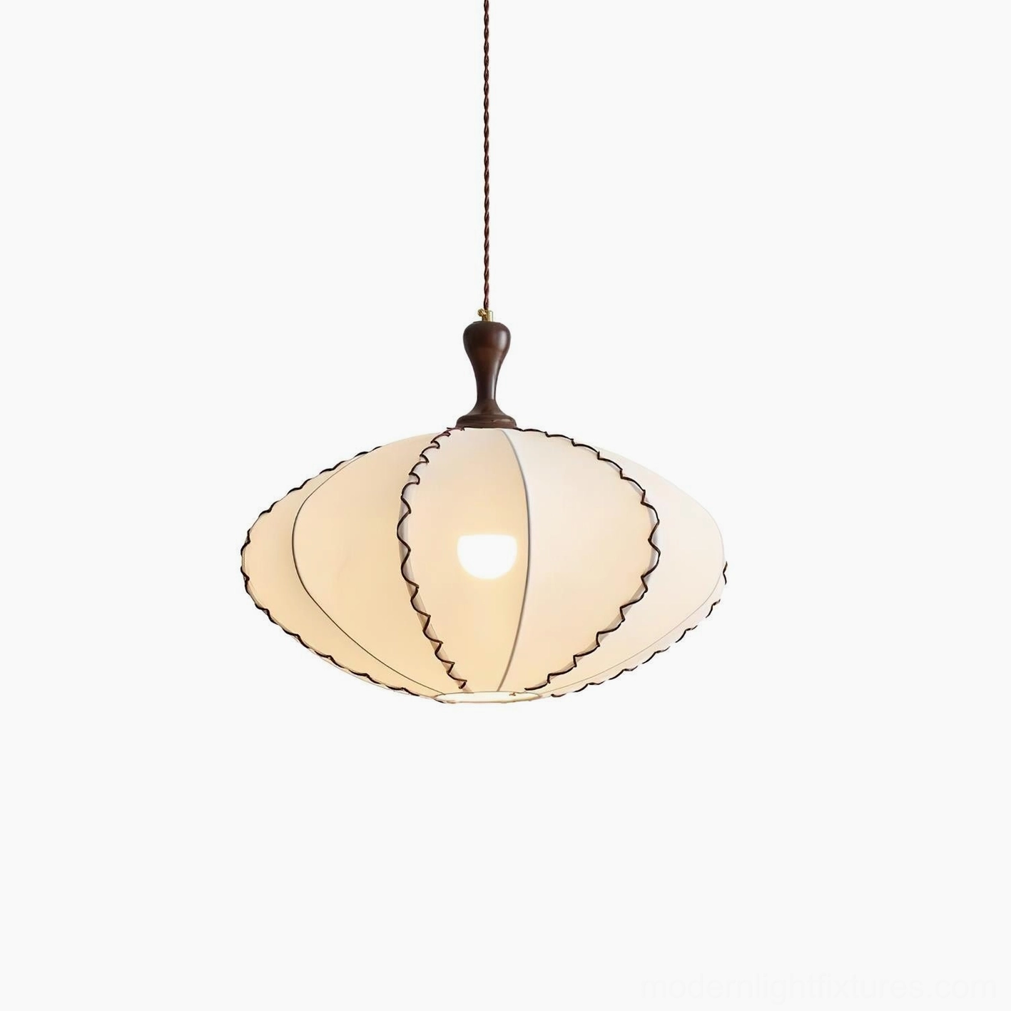 Lucian scalloped fabric pendant lamp detail showing hand-sewn construction and twisted cord suspension system