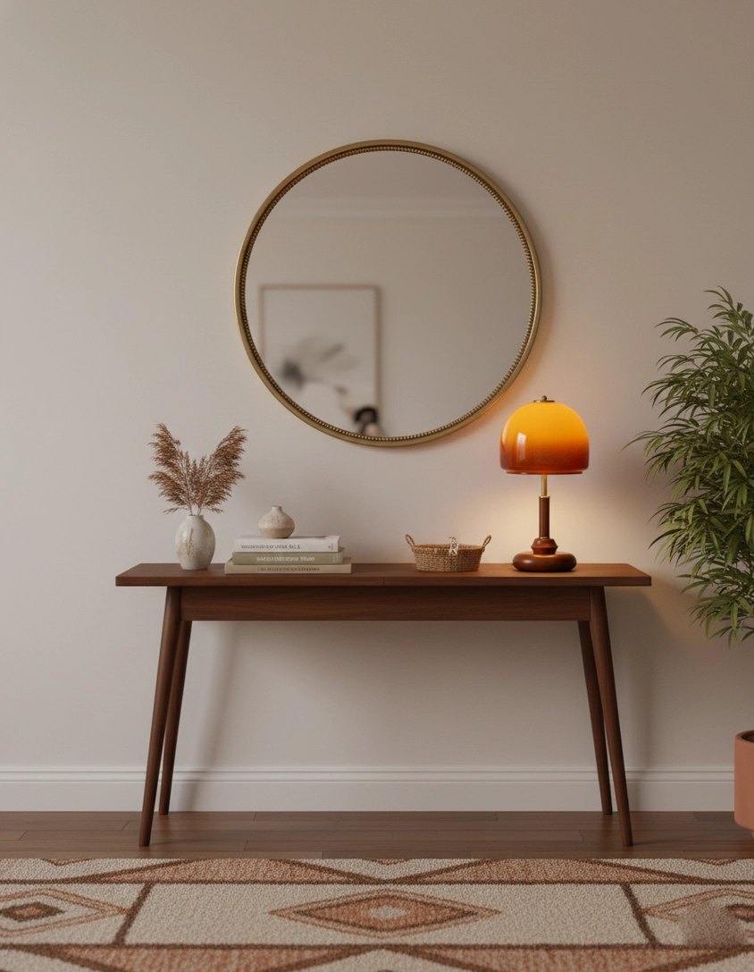 Close-up view of Luciano table lamp showing amber glass gradient and wood base texture details