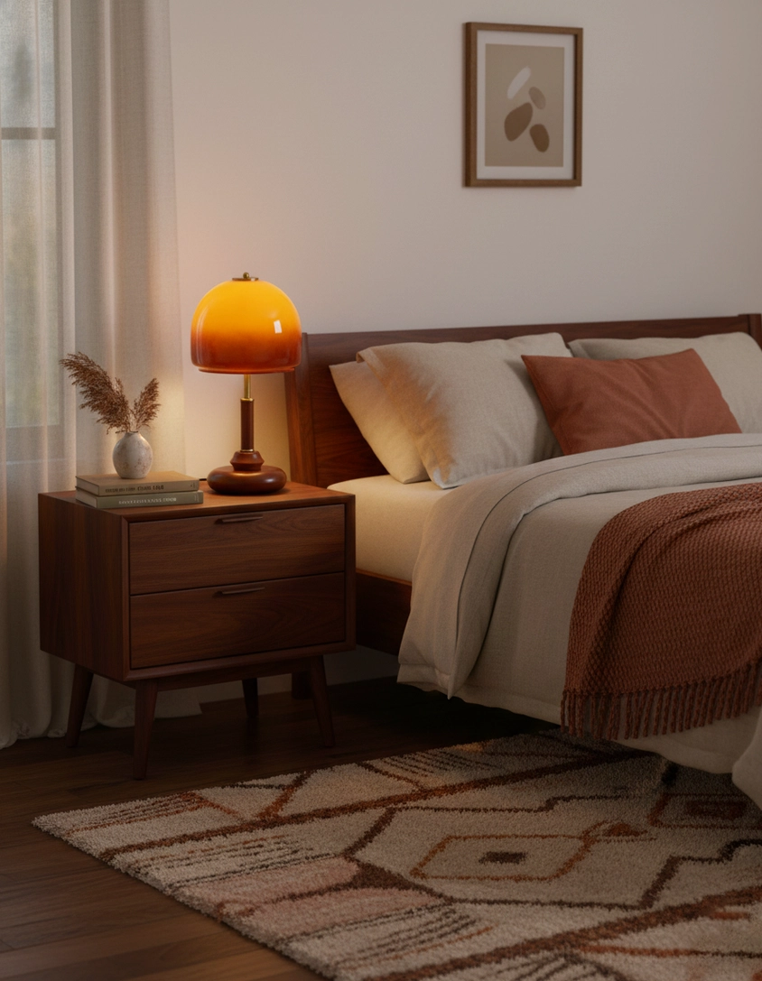 Luciano bedside table lamp on wooden nightstand in master bedroom with warm bedding and cozy ambiance