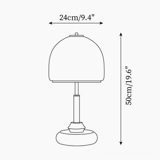 Technical specification diagram of Luciano table lamp showing dimensions 24cm diameter by 50cm height with measurements