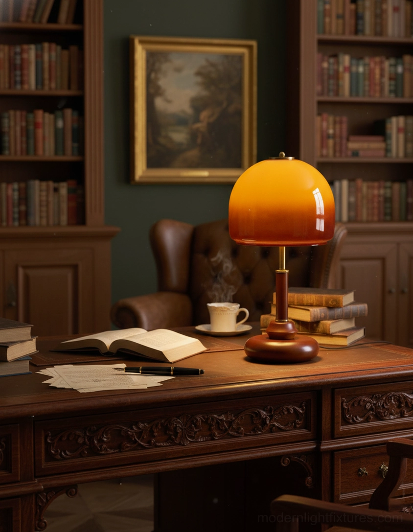 Warm glowing Luciano table lamp on carved wooden desk in home office with leather armchair and bookshelf background