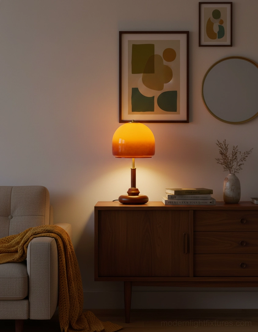 Illuminated Luciano amber table lamp in mid-century modern living space with wooden sideboard and abstract wall art
