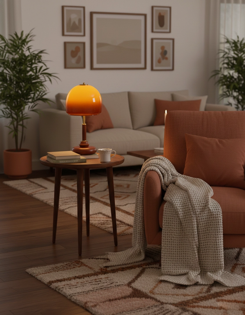 Luciano table lamp with wood base and amber glass shade detail showing craftsmanship and material quality