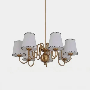 Lucienne 6-light gold brass chandelier with white fabric shades and black trim, frontal studio view