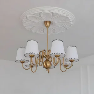 6-light Lucienne chandelier installed on decorative ceiling medallion, upward ceiling view