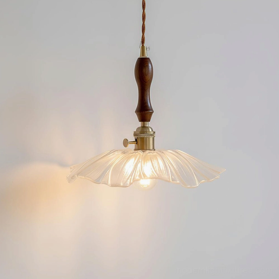 Clear off-white translucent glass pendant light, fluted design, studio product shot