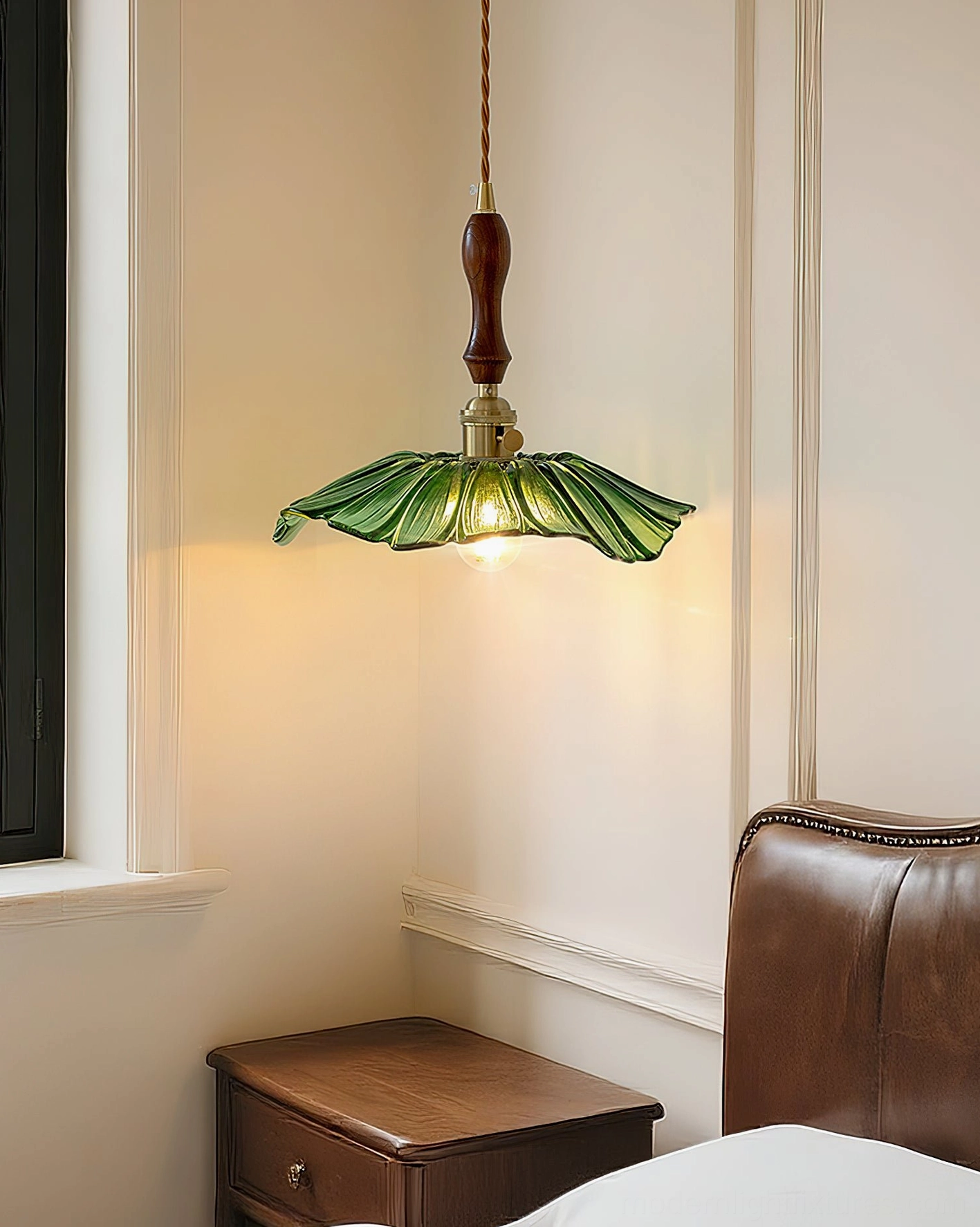 Green glass pendant light in vintage bedroom, fluted lotus shade, warm ambient lighting