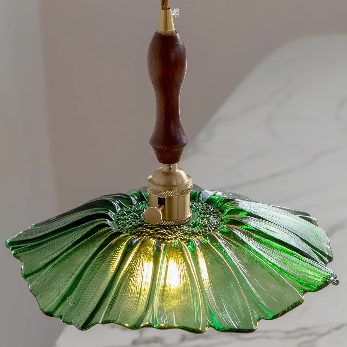 Lucira pendant light contemporary style, rippled glass shade, brass and walnut hardware