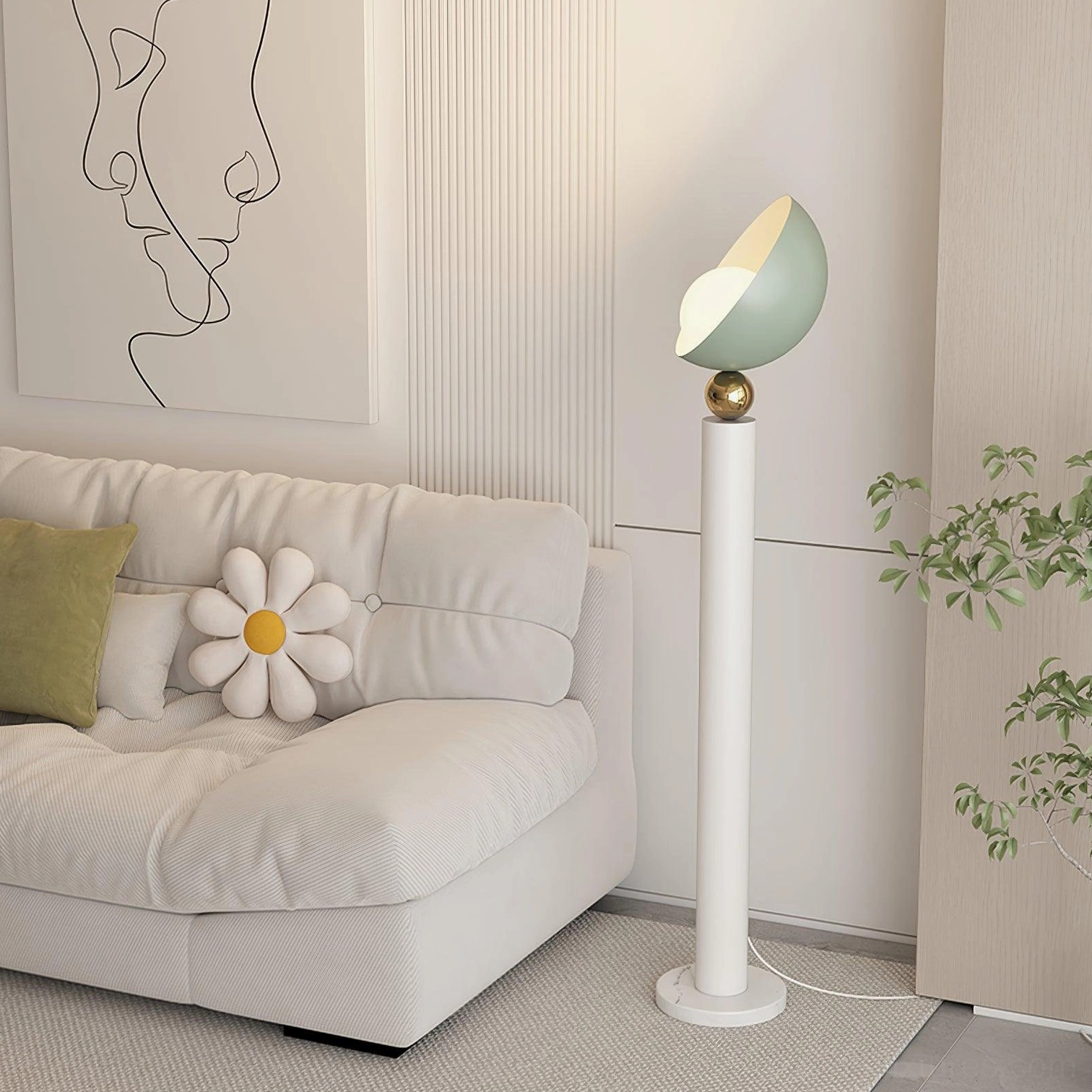 Sage green Lulu floor lamp left side view in minimalist Nordic bedroom with geometric wall art, contemporary design